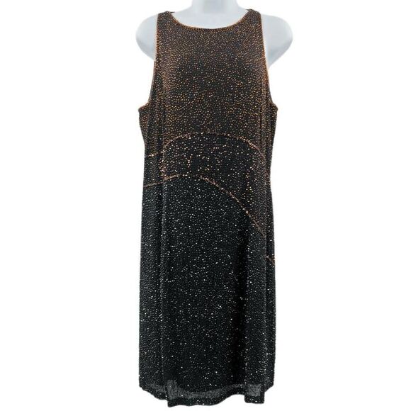 Vintage Black Silk Dress Hand Embellished in Copper & Black Beads | Size 14 - Picture 1 of 3